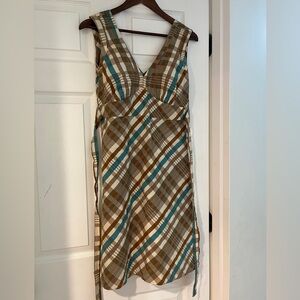 Patagonia Water girl Plaid V-Neck Dress S tie Brown and Blue vacation wear NWOT